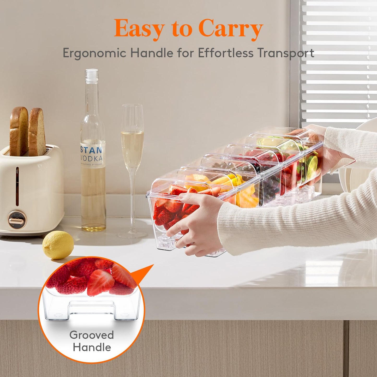 Lifewit Chilled Condiment Caddy with 5 x 20 oz Containers, Compact 15" Garnish Tray with Lids for Bartenders, Taco Bar Party Serving Set & Dirty Soda Bar Supplies, Ideal for Fruit, Salad, Toppings