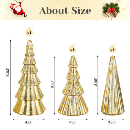 Hewory Mercury Glass Christmas Tree: Set of 3 Gold Table Top Christmas Ornaments Trees with LED Lights, Christmas Centerpiece Table Decorations Indoor for Dining Fireplace Mantel Winter Holiday Decor