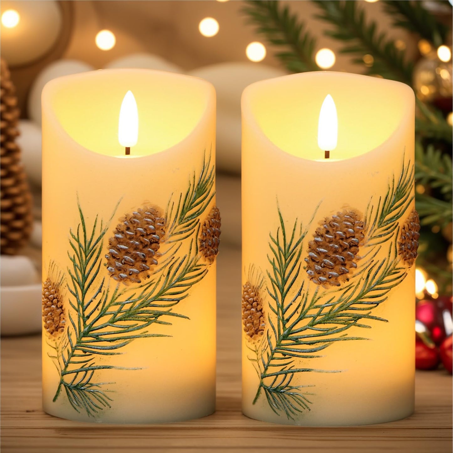 Wondise Flameless Candles with Timer, Battery Operated Flickering 3D Wick Real Wax Pine Cone Candles for Christmas Holiday Indoor Decoration, Set of 2, Ivory(D3 x H5.7 Inch)