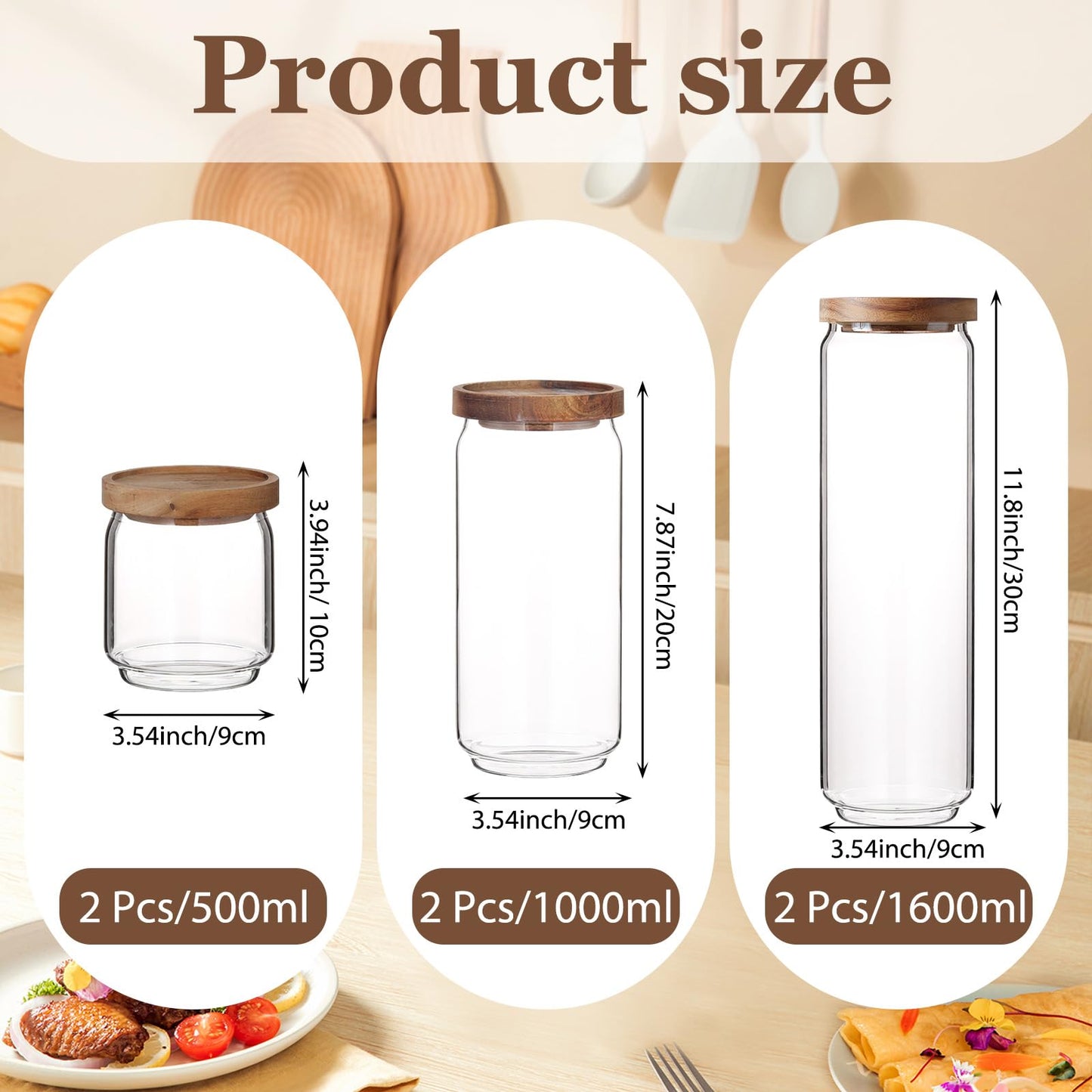 SiliFine 6 Set Glass Pantry Storage Jar with Acacia Airtight Lid 3 Size Glass Storage Container Jar for Pasta Spaghetti Cereal Coffee Bean Flour Sugar Rice, 17oz, 35oz, 53oz (Wood Lid)