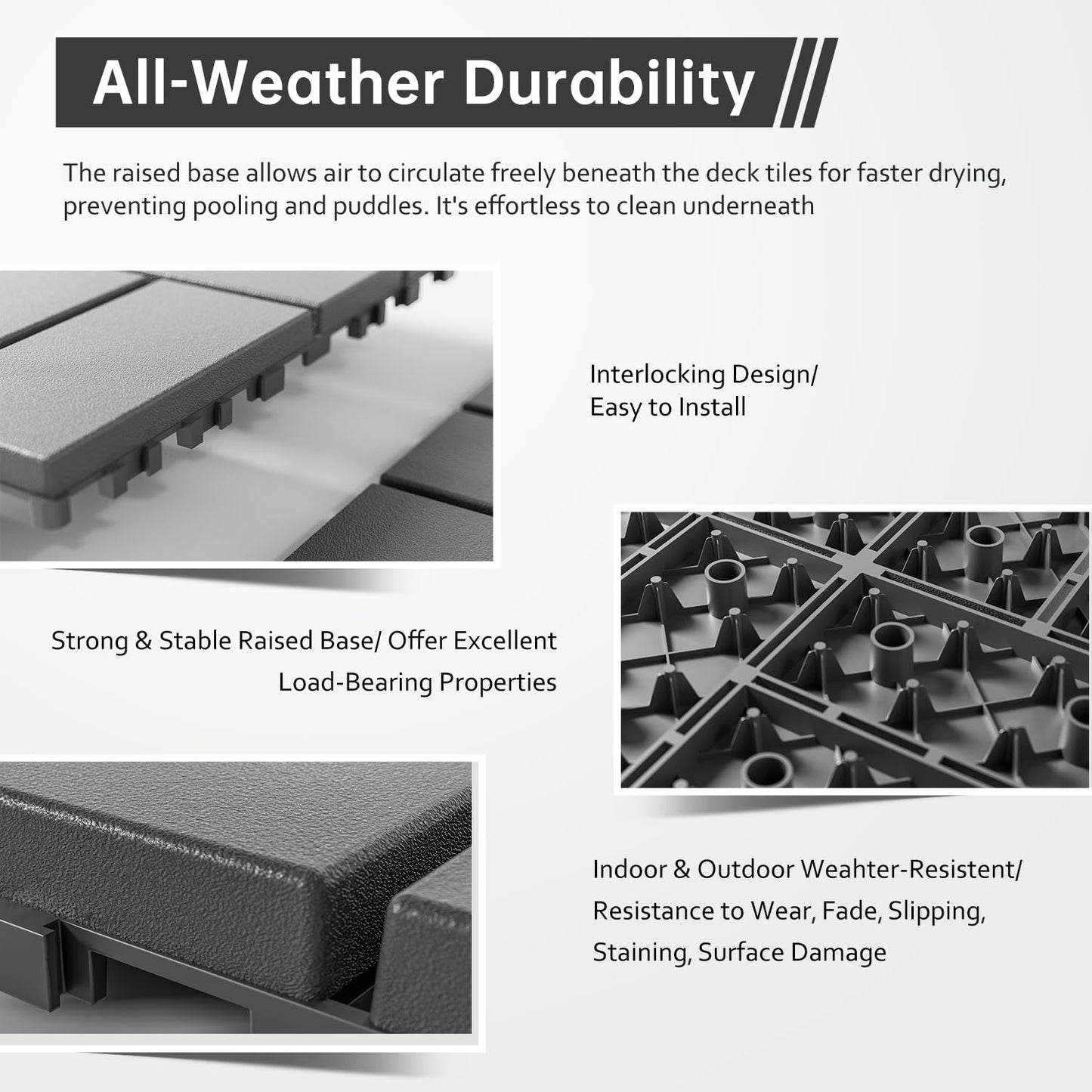 Interlocking Deck Tiles, EchoDeck Patio Deck Tiles, 44 Pack Deck Tiles Interlocking Outdoor All Weather, 12"x12", 8 Slat, 44 Sq. Ft, Highly Durable, Stylish, Non-Slip, Faster-Drying, Dark Grey