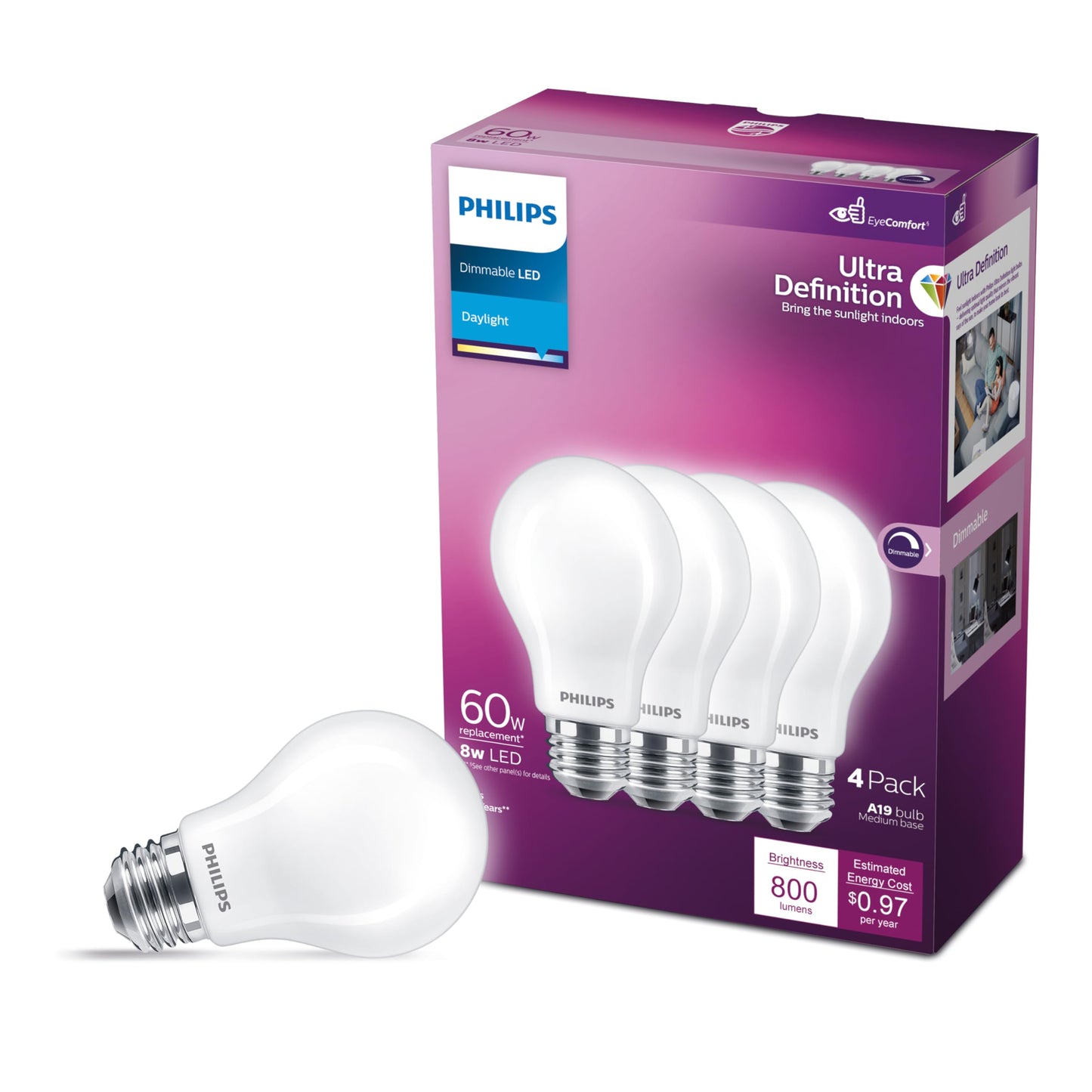 PHILIPS LED 75W A19 4-Pack Ultra Definition Daylight (5000K) 1100 Lumen (9W = 75W) Dimmable Frosted Flicker-Free Light Bulbs