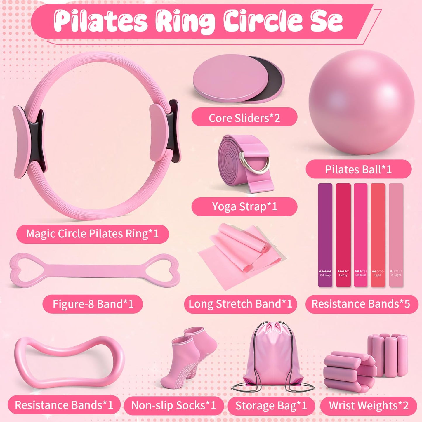 Pilates Equipment Kit for Home Workouts - 18pcs Set- 14'' Pilates Ring and Ball Set for Women, Pilates/Yoga Accessories Kit with Wrist Weights, Resistance Bands, Core Sliders, Yoga Strap (pink)