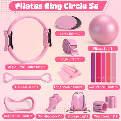 Pilates Equipment Kit for Home Workouts - 18pcs Set- 14'' Pilates Ring and Ball Set for Women, Pilates/Yoga Accessories Kit with Wrist Weights, Resistance Bands, Core Sliders, Yoga Strap (pink)