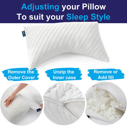 Sidney Sleep Pillow for Side and Back Sleepers - Comfort for Neck and Shoulder Pain - Adjustable and Customizable Shredded Memory Foam Filling - Queen Size - Includes Additional Foam Fill (White)