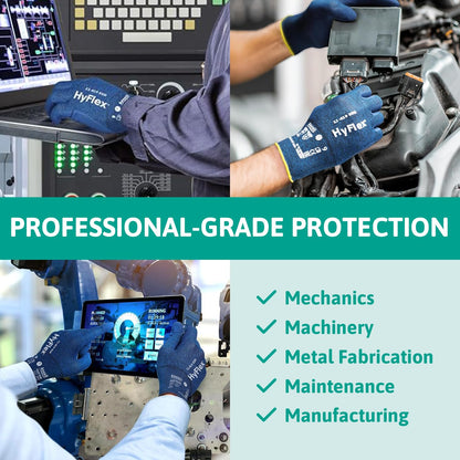 Ansell HyFlex 11-618 Mechanics Gloves, Abrasion-Resistant PU Coating Protective Gloves, Safety Gloves for Precision Handling, Touchscreen Compatible Blue Gloves, Ultra-Thin Work Gloves Large, 12 Pairs