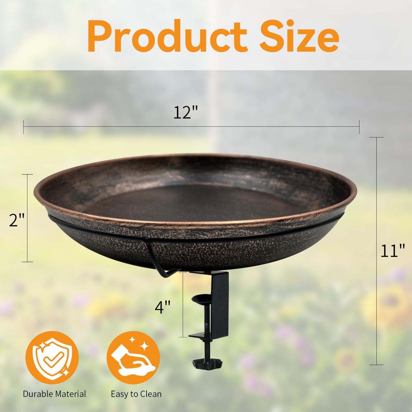 OUISJYER Deck Mounted Bird Bath, Easy to Clean12 Detachable Bath Bowl, Metal Birdbath for Outside with Sturdy Adjustable Clamp for Railing Balcony Fence Outdoor Decor 0.7 Gallon