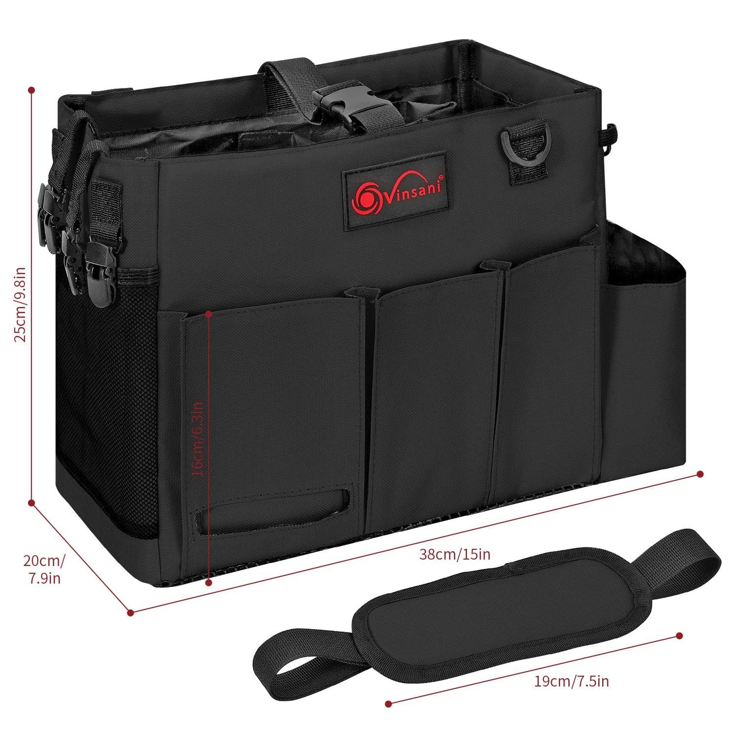 Vinsani Cleaning Caddy Multifunctional Storage Organiser Bag with Handle and Adjustable Waist and Shoulder Straps for Cleaning Supplies, Home, Craft, Car and Garden Tool Kit – Large Black