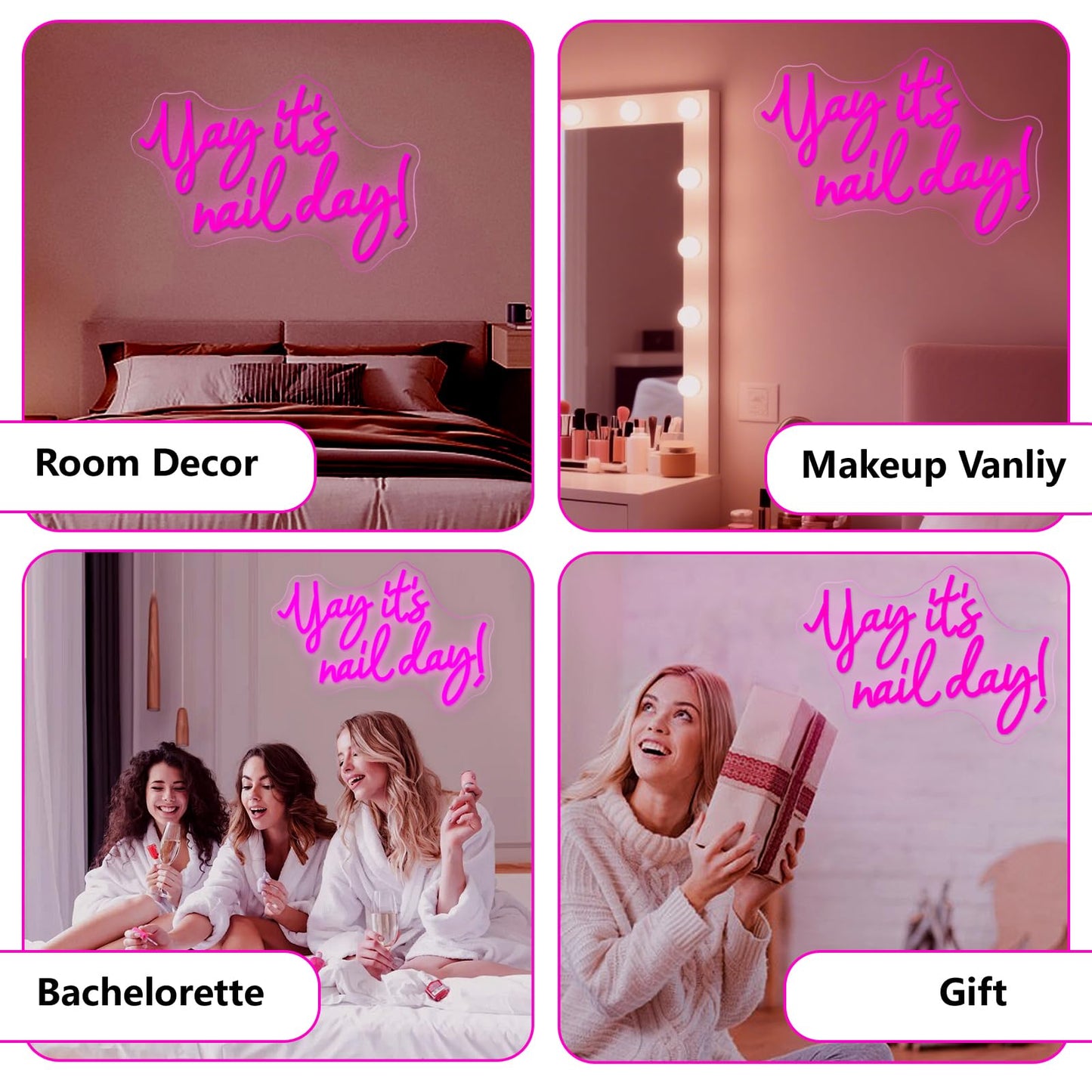 Yay It's Nail Day Neon Sign, Dimmable Pink LED Nail Salon Decor for Beauty Room, Wedding, Bar, Bedroom - Great,Gift for Nail Tech Girls, Christmas, Birthday, USB Powered Wall Decor, Personalized Gift 11.4 * 16.9 In