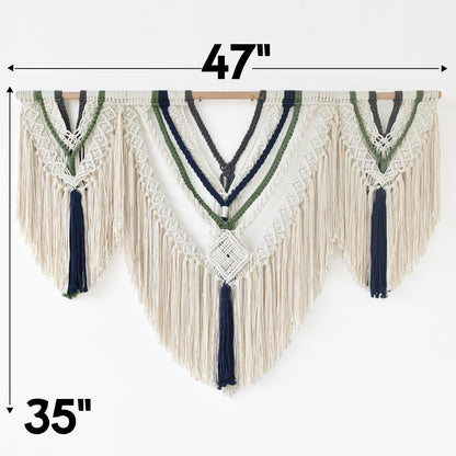 Jakalin Macrame Wall Hanging Boho Wall Decor Yarn Wall Art For Bedroom Living Room, Ivory Blue Green
