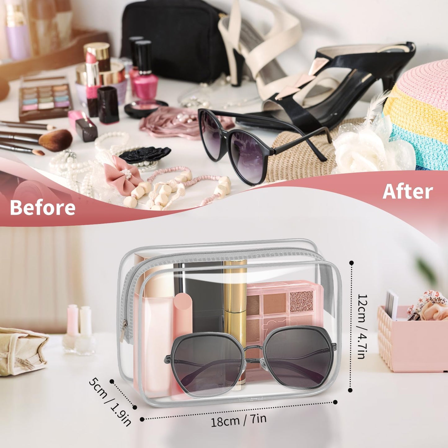 TISRATOK 12 PCS Clear Makeup Bag for Women with Zipper, TSA Approved Toiletry Pouch, Cosmetic Bag Bulk for Travel Organizer Essentials - Grey,Medium