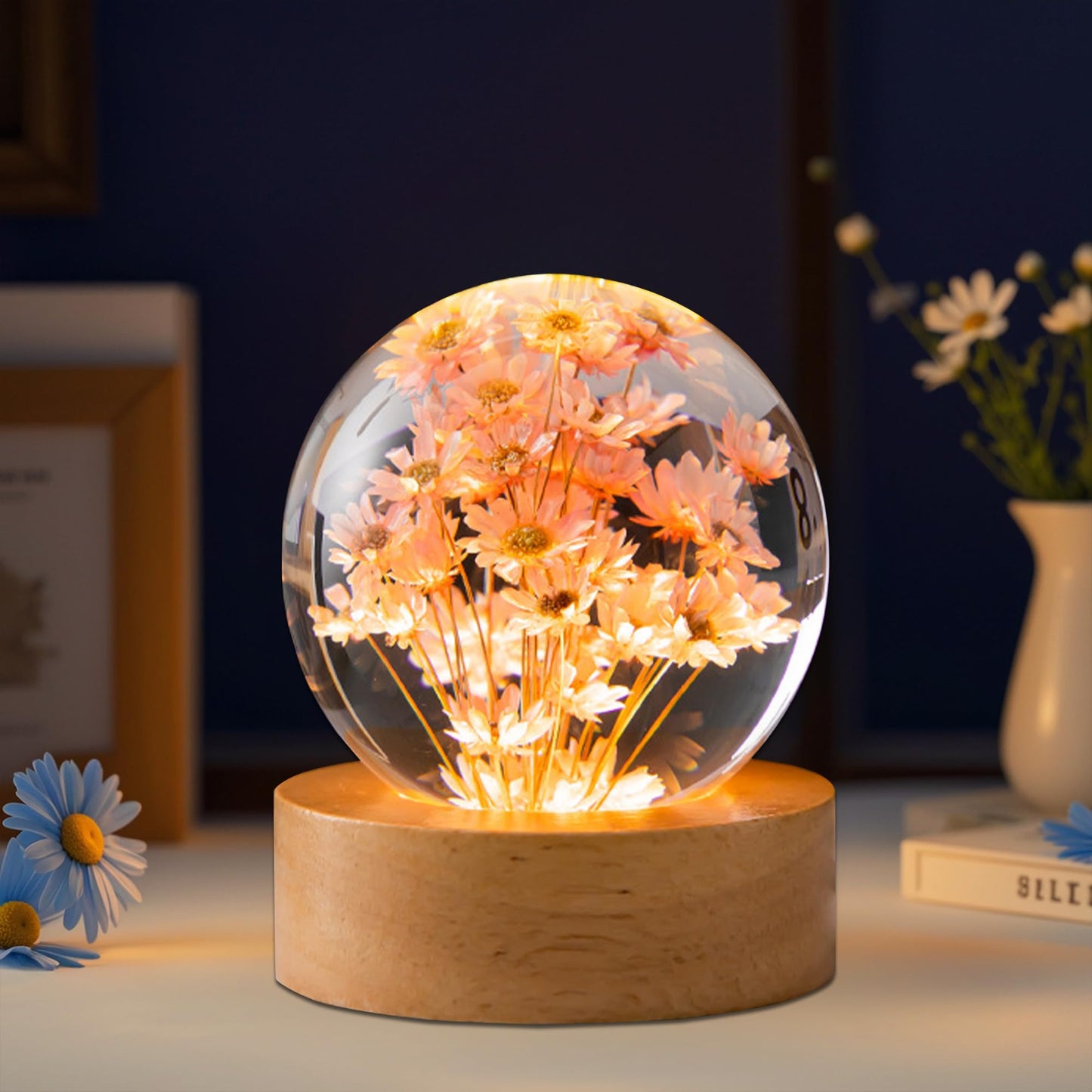 Daisy Decor Gifts,Daisy Flower Lamp Crystal Ball Night Light,2.4 Inch Glass Ball Lamp with LED Wooden Base,Soft Warm White Lighting for Women Best Friends Sister Birthday Xmas Aesthetic Gift(Red)