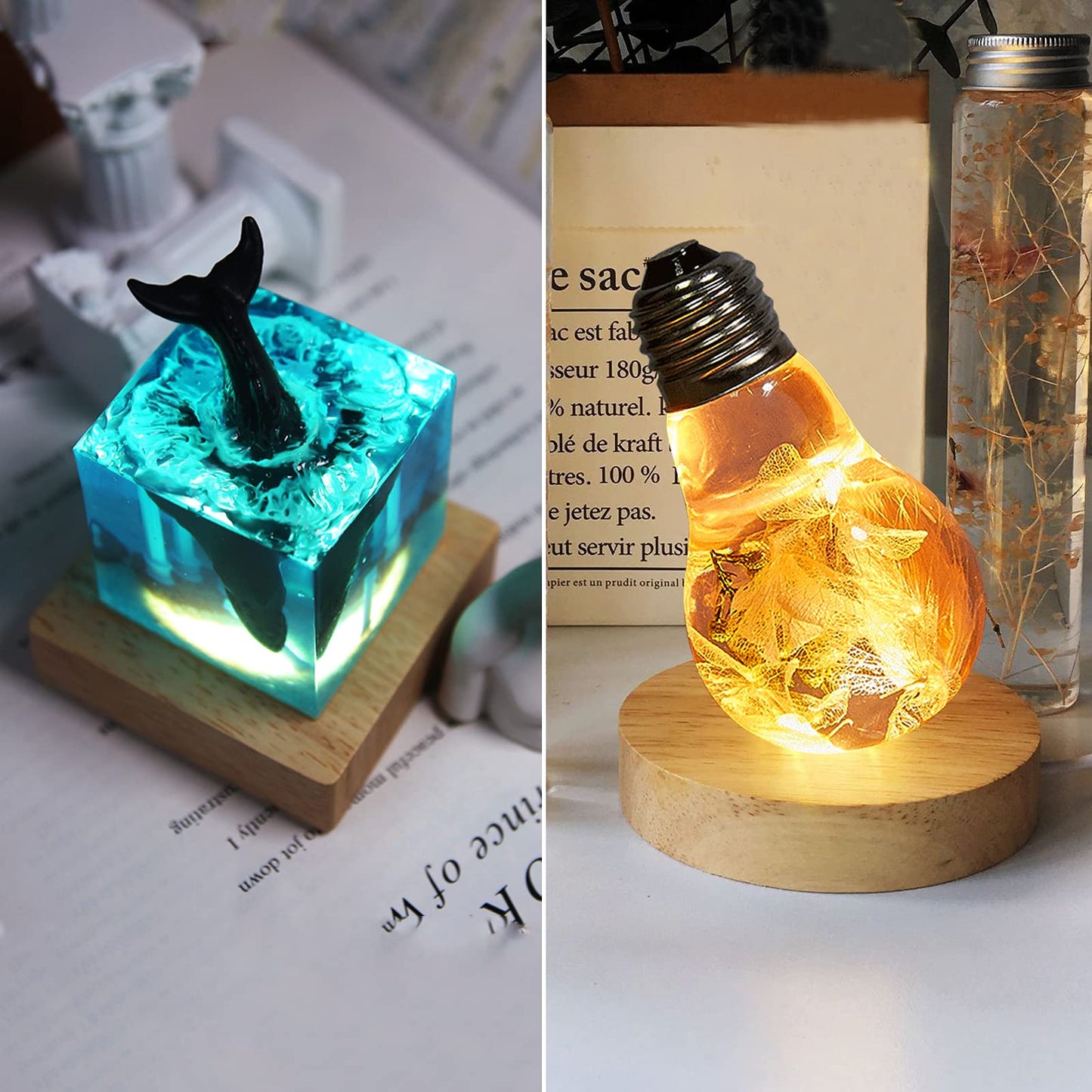 Voaesdk 2PCS LED Lights Display Bases for Resin Mold,3.14 Inch Square & Round Wooden Lighted Base Stand for 3D Laser Crystal Glass Resin Art