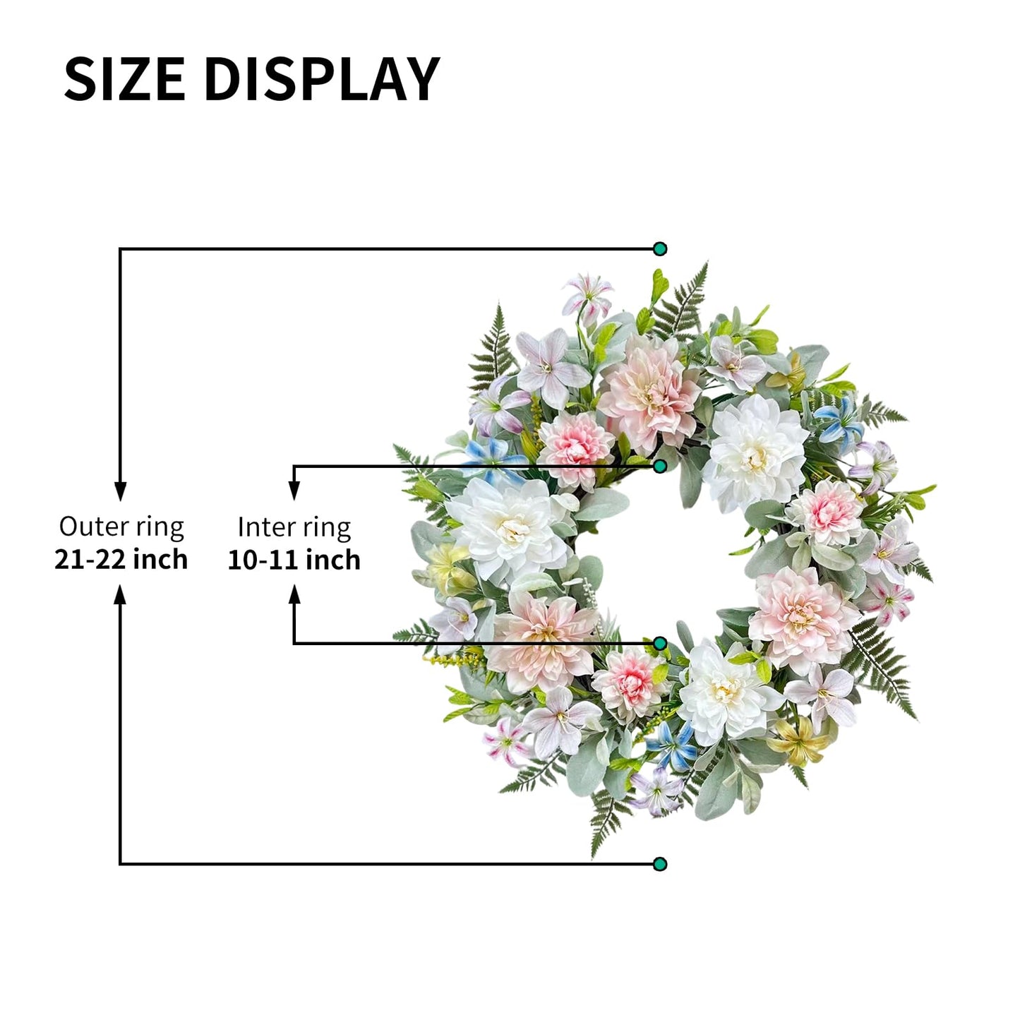 wwmira 22 Inch Artificial Dahlia Wreaths for Front Door, Spring Summer Wreath with Eucalyptus, Fern & Lamb's Ear Leaves, Farmhouse Floral Wreath for Home Porch Window Wall, All Season Decor