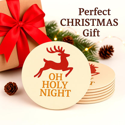 Christmas Ceramic Coasters Set of 4,“Oh Holy Night” Reindeer Absorbent Stone Drink Coasters with Non-Slip Cork Backing for Coffee Table, Holiday Party, Winter Home & Kitchen Decor