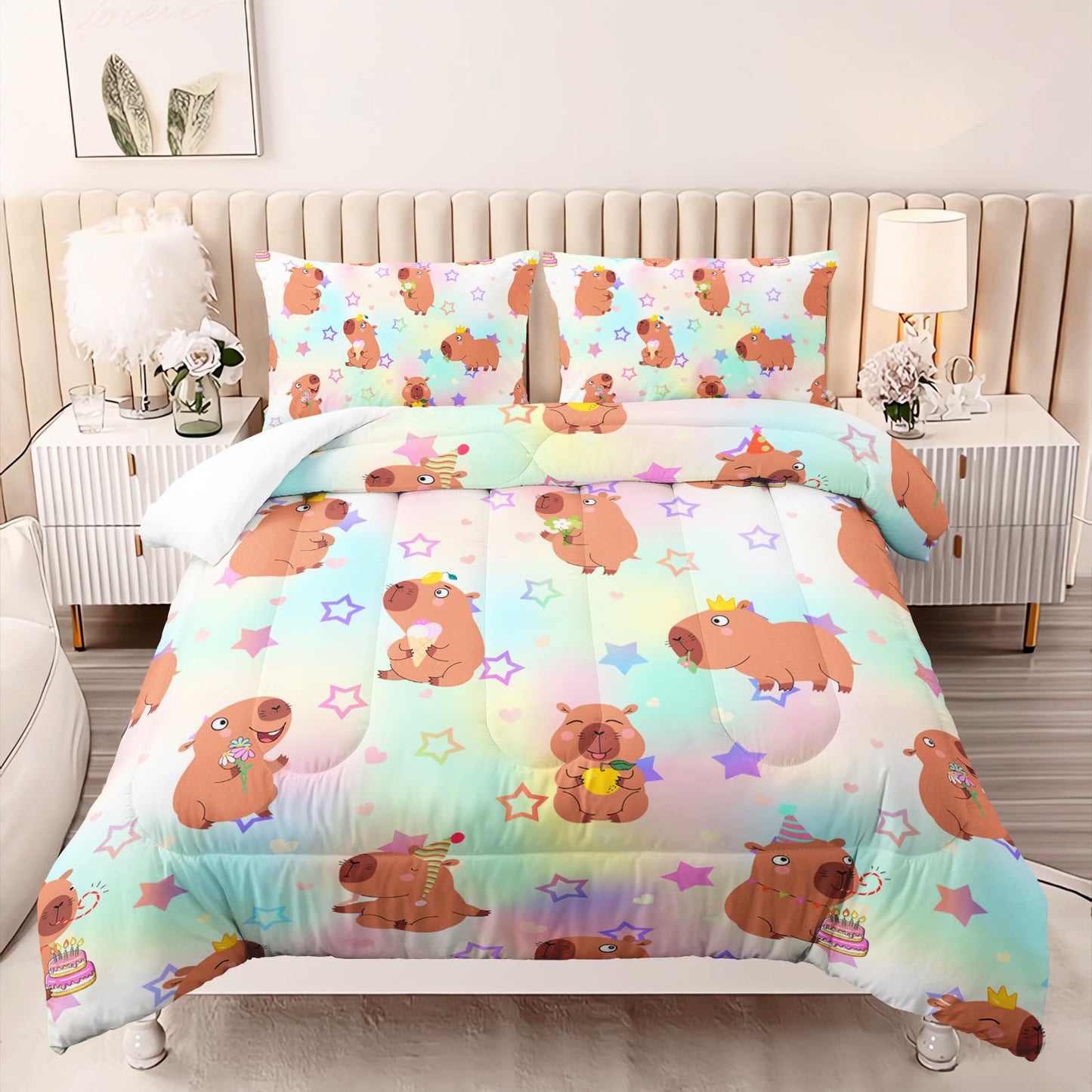 AILONEN Kawaii Capybara Comforter Set Queen Size,Cute Cartoon Capybara Rainbow Bedding Set for Girls Kids,Lovely Animal Star Quilt & 2 Pillowcases-3 Pieces
