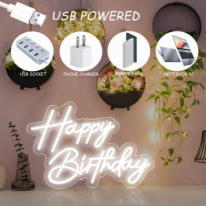 Happy Birthday Neon Sign for Wall Decor, Warm White LED Neon Light Signs, Art Decoration Happy Birthday Neon Light Sign for All Birthday Party Decoration with 2 Pcs Pasters (17×12 Inch)