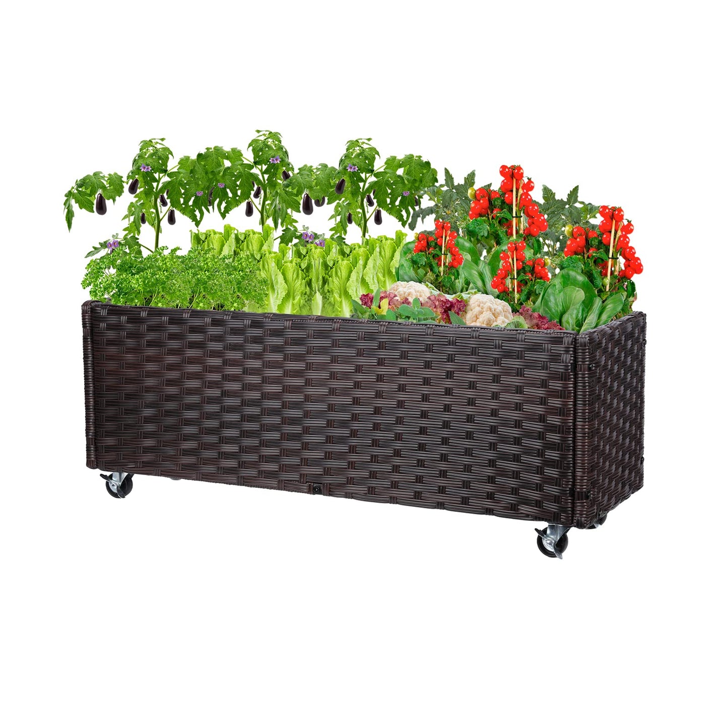 Chonsun Raised Garden Bed with Wheels - Rattan Wicker Elevated Raised Garden Bed Outdoor Raised Planter Box for Vegetables Grass Lawn Yard, 38 x 14.5 x 12 in, Brown