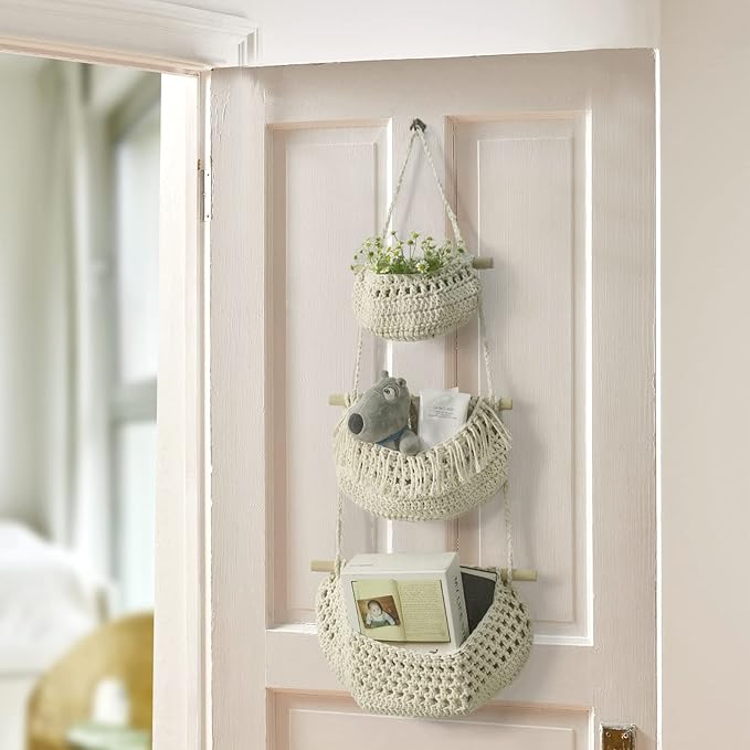 Hanging Fruit Basket, 3 Tier Over The Door Organizer, Handmade Woven Cotton