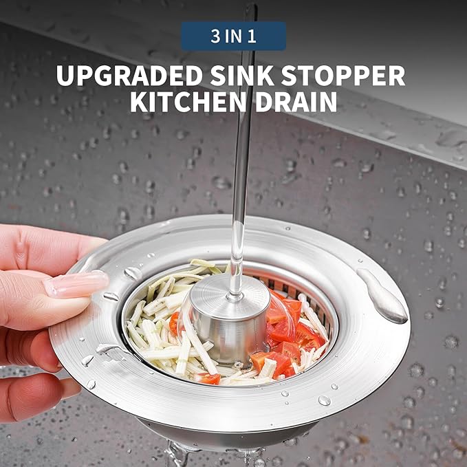 3-in-1 Kitchen Sink Drain Strainer Stopper – 304 Stainless Steel Pop Up Sink