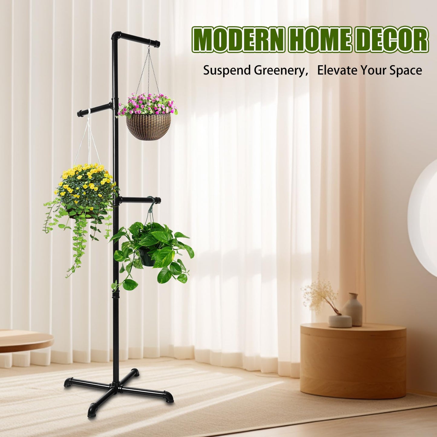 Chloraeon Hanging Plant Stand, Plant Hanger Indoor, Corner Hanging Plant Stand, Black Metal Holder for Bedroom, Living Room, Garden, Balcony