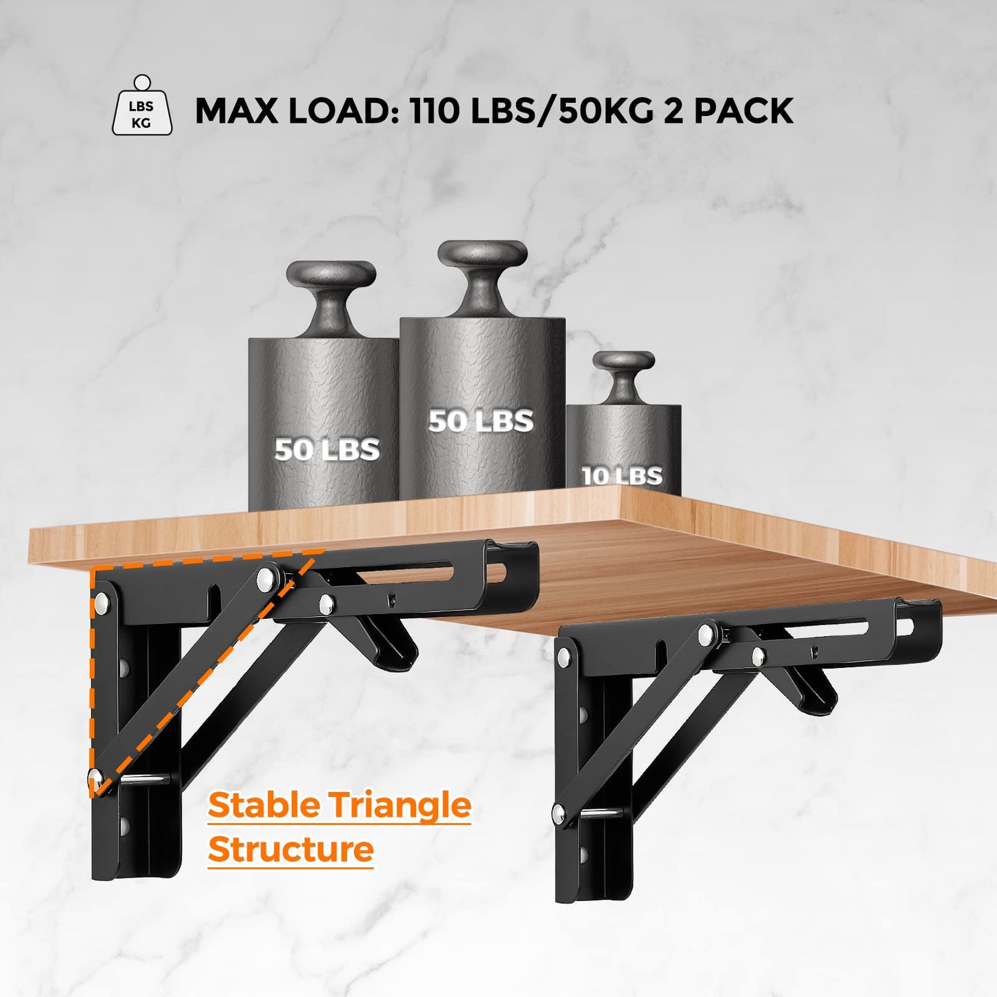 Ravinte 10 Inch Folding Shelf Brackets - Matte Black Collapsible Heavy Duty Brackets for Table Bench - Space Saving, 2 Pack ﻿