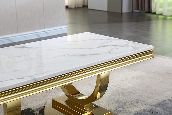 Henf 47" Marble Coffee Table Modern White Faux Marble Center Table