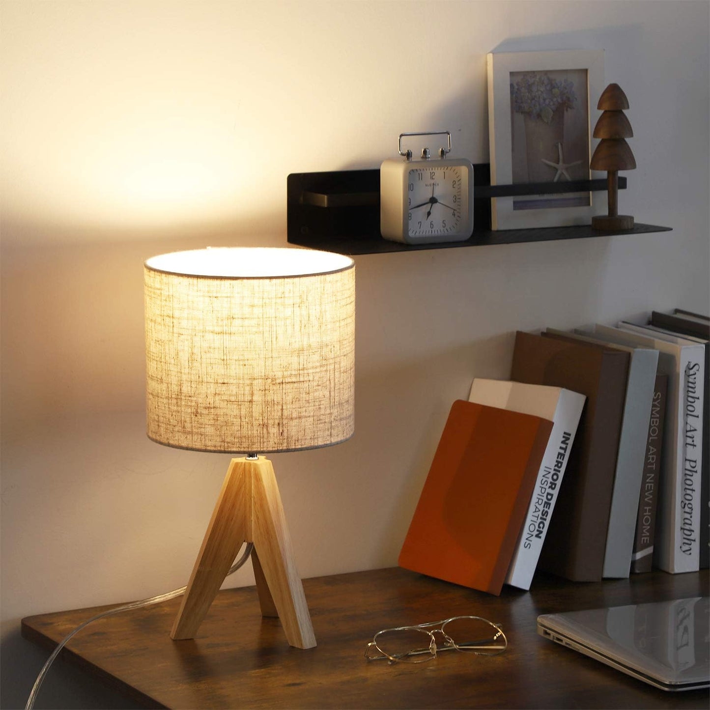 EDISHINE 36cm Wood Bedside Table Lamp, Tripod Desk Lamp with Beige Linen Lampshade, On-Off Switch, Desk Lamps for Reading, Bedroom, Living Room, Study, Office, E27 Base