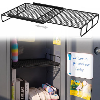 Colarr Adjustable Locker Shelf, Expandable Metal Locker Organizer Shelf 10.6-15 Inch, Heavy Duty Lockers Shelves with Support Adhesive Hooks to Fit School Classroom Office Gym Lockers(Black)