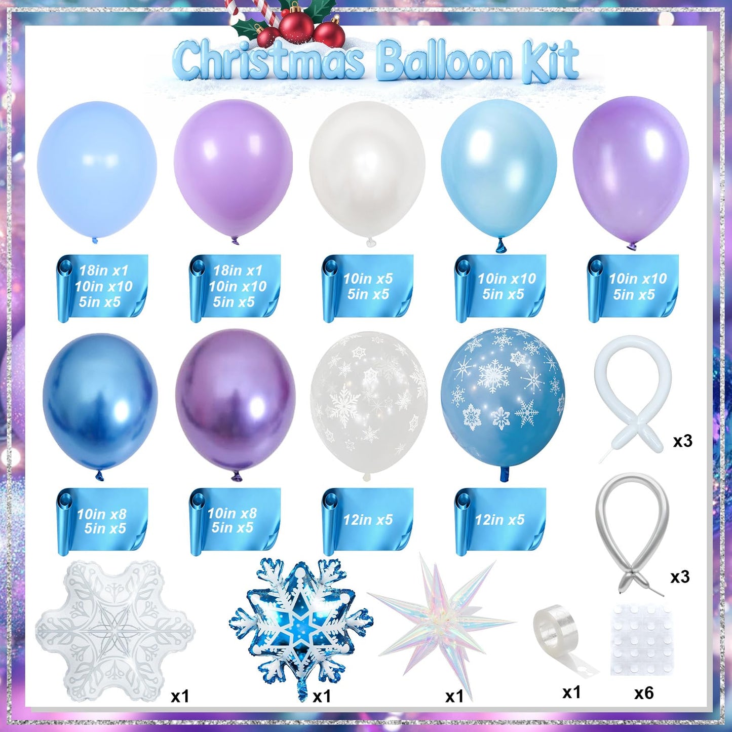 Froova Winter Balloon Arch Kit, Blue Purple Silver and Snowflake Balloon Garland Iridescent Star Snowflake Foil Balloons for Winter Wonderland Baby Shower Girls Princess Birthday Party Decorations