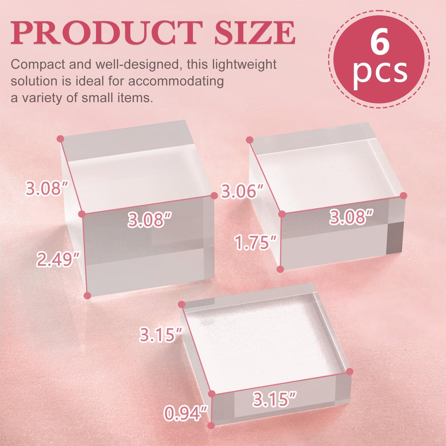 SAMYUCHO Acrylic Base Stand 6 Pack 3 X 3 Inch Acrylic Blocks for Display Trophy Base Clear Square Cube Riser Display Cylinder Pedestal Stands for Collectibles Jewelry Props Food Display 3 Size