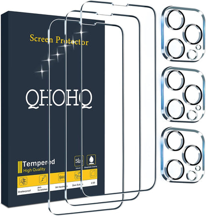 QHOHQ 3 Pack Screen Protector for iPhone 13 Pro Max 6.7" with 3 Pack Tempered Glass Camera Lens Protector, Ultra HD, 9H Hardness, Scratch Resistant, Easy Install - Case Friendly
