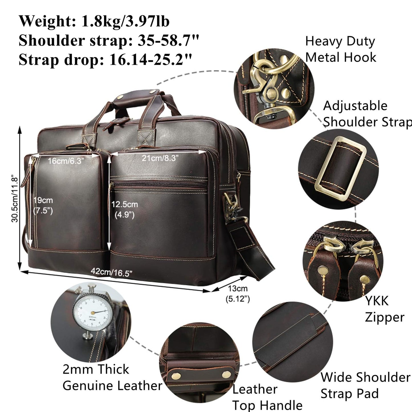 Masa Kawa Leather Briefcase for Men Expandable Large Vintage 17 Inch Laptop Messenger Bag Crossbody Shoulder Business Travel Duffel Bags Attache Case