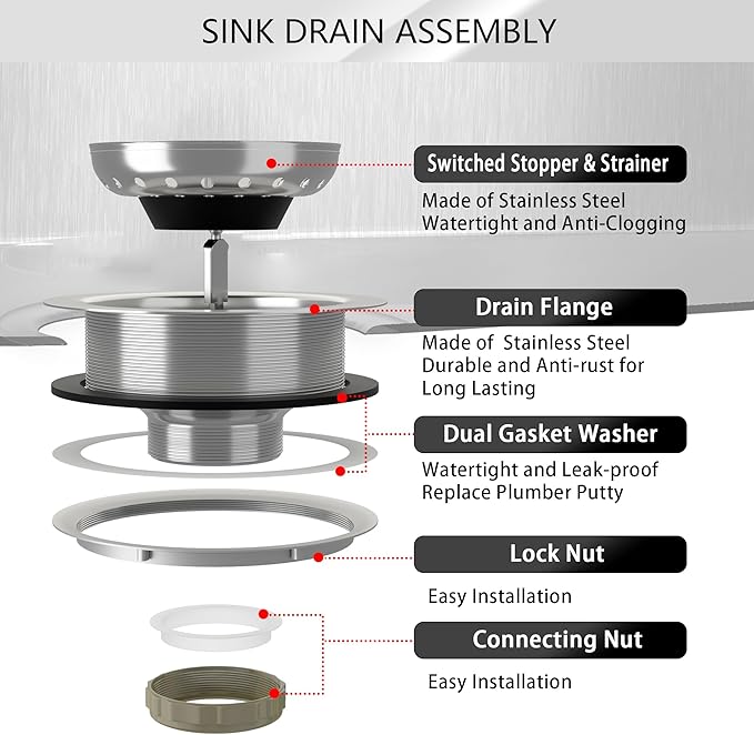 Kitchen Sink Drain 3-1/2 Inch Brushed Stainless Steel Sink Drain Strainer