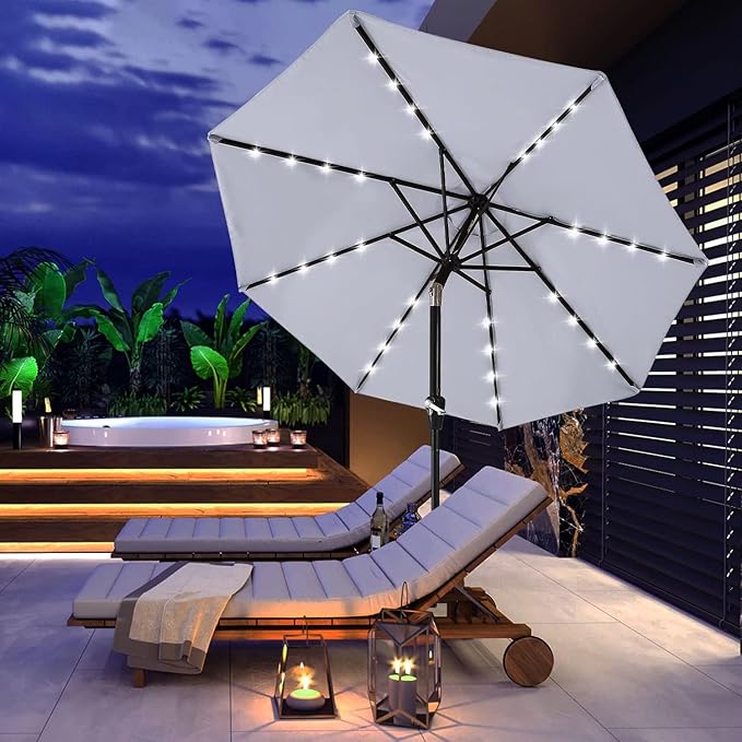 ABCCANOPY Durable Solar Led Patio Umbrellas with 32LED Lights 11FT (Light Gray)