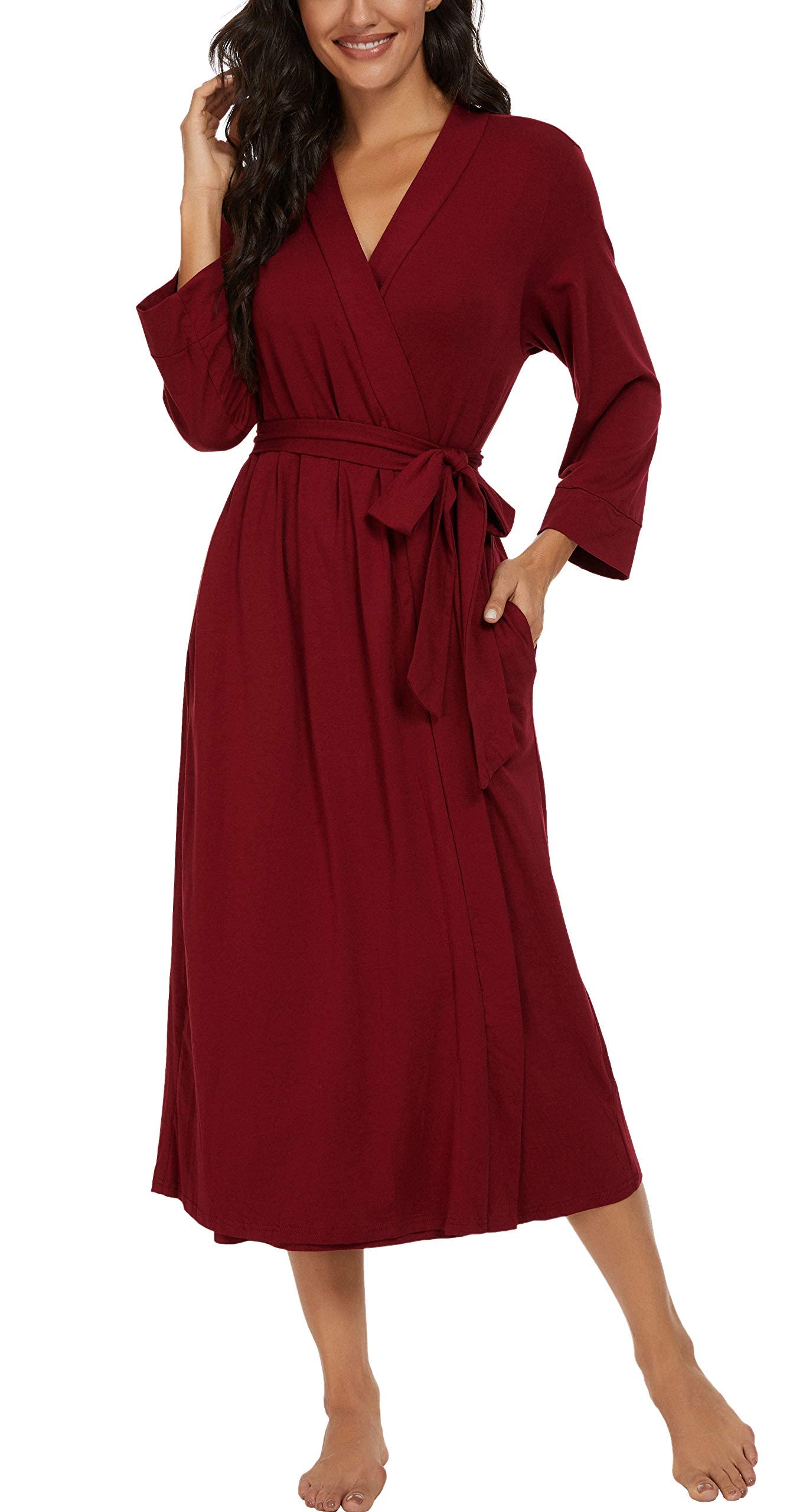 PrinStory Women Kimono Robes Long Knit Bathrobe Soft Womens Dressing Gowns V-Neck Sleepwear Casual Ladies Loungewear (Wine Red, L)