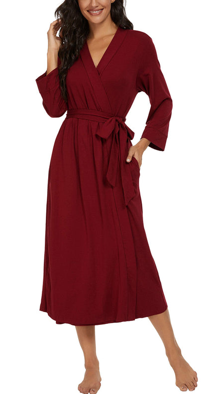 PrinStory Women Kimono Robes Long Knit Bathrobe Soft Womens Dressing Gowns V-Neck Sleepwear Casual Ladies Loungewear (Wine Red, L)
