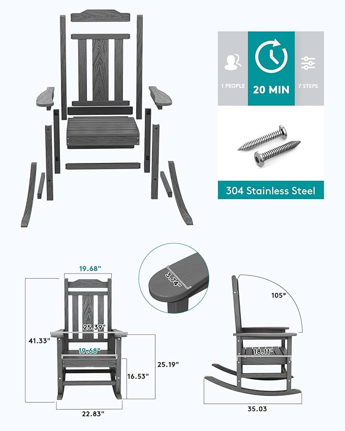 SERWALL Outdoor Rocking Chair Set of 6, Patio Rocking Chair Sets, HDPE Rocking Chair for Adults, Gray