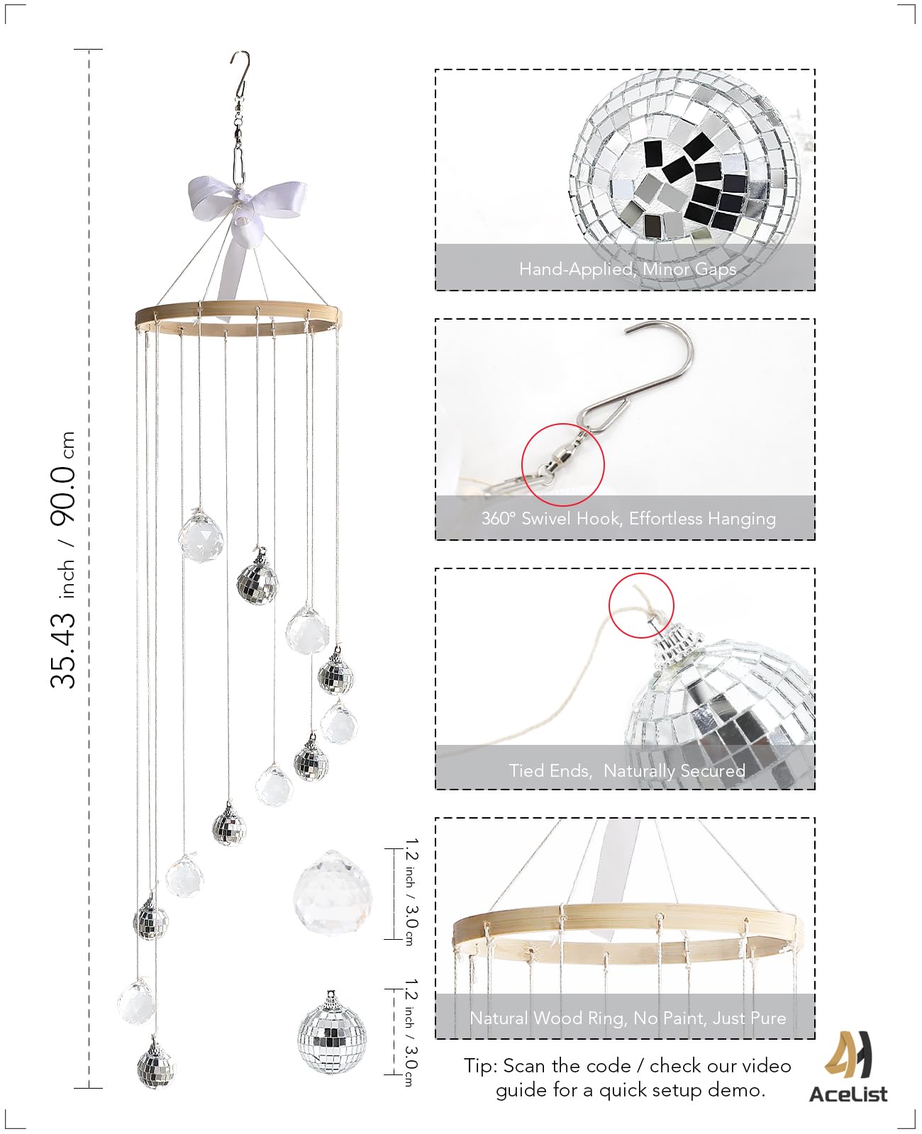 AceList Hanging Disco Ball Decor, Sun Catcher Crystals & Disco, 31.5 inch Handmade Spiral Sparkle Mirror Ball & Light Catcher for Window, and Boho Decor
