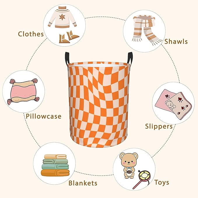 Groovy Retro Wavy Checkered Orange Laundry Basket, Waterproof Foldable Laundry