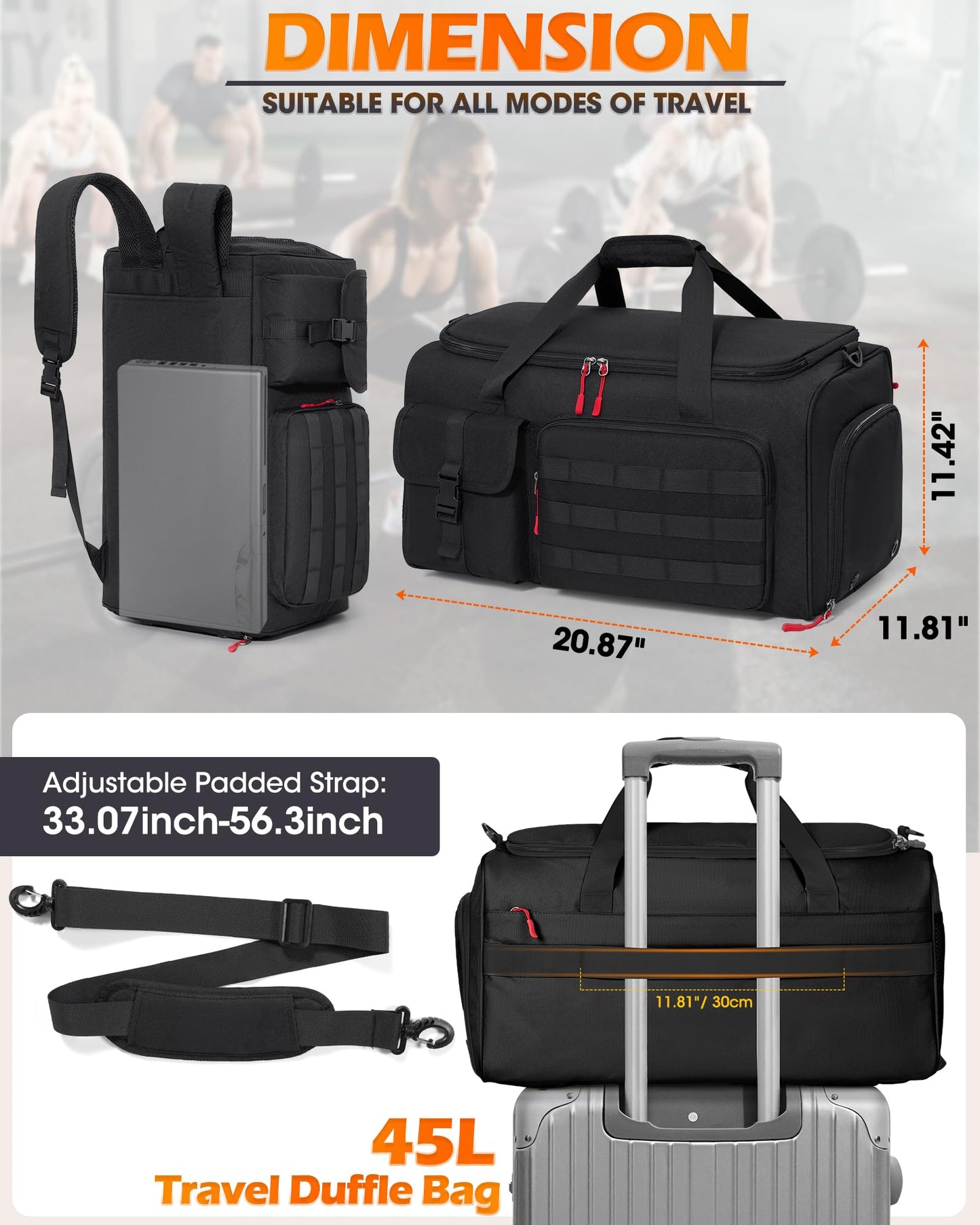 RAINSMORE Gym Bag for Men, 45L Sports Travel Duffel Bag with Shoe & Laptop Compartment, Gym Workout Backpack Carry On Weekender Bag Overnight Backpack for Travel, Black