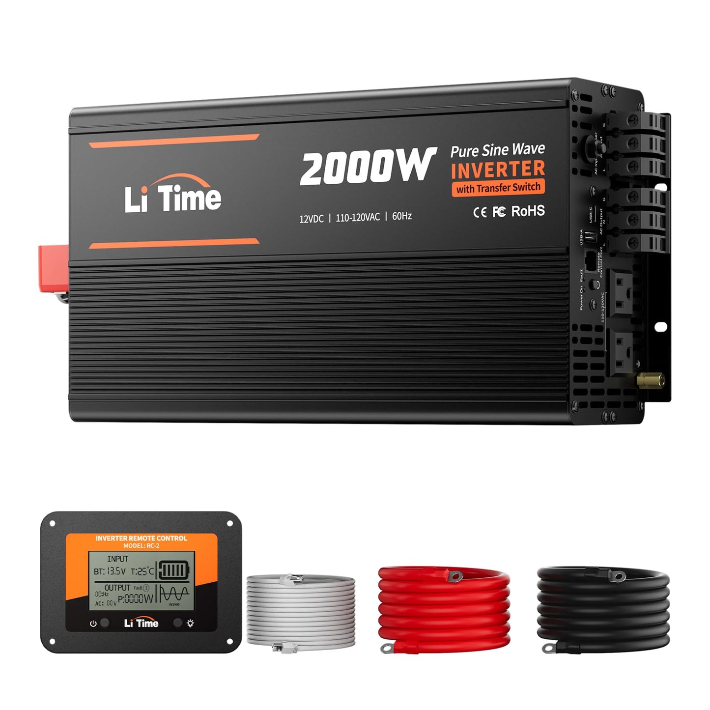 Litime 2000W Pure Sine Wave RV Inverter with 20ms Automatic Transfer Switch (ATS), 12V DC to 120V AC Converter for RV, Truck, Home, Camping - 4000W Surge Power, Remote Monitoring, USB & Type-C