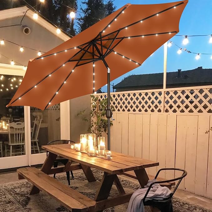 Blissun 9 ft Solar Umbrella with 32 LED Lights for Garden, Deck, Backyard (Rust)