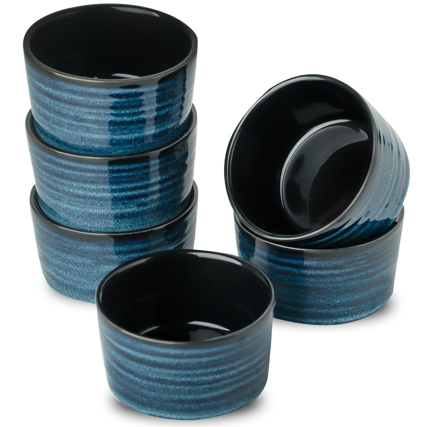 Glowworm Ceramic 4 Oz Ramekins, Dipping Sauce Bowls Set of 6, Creme Brulee Dish for Baking Pudding, Souffle, Serving Dip, Custard, Ice Cream, Oven Safe, Blue