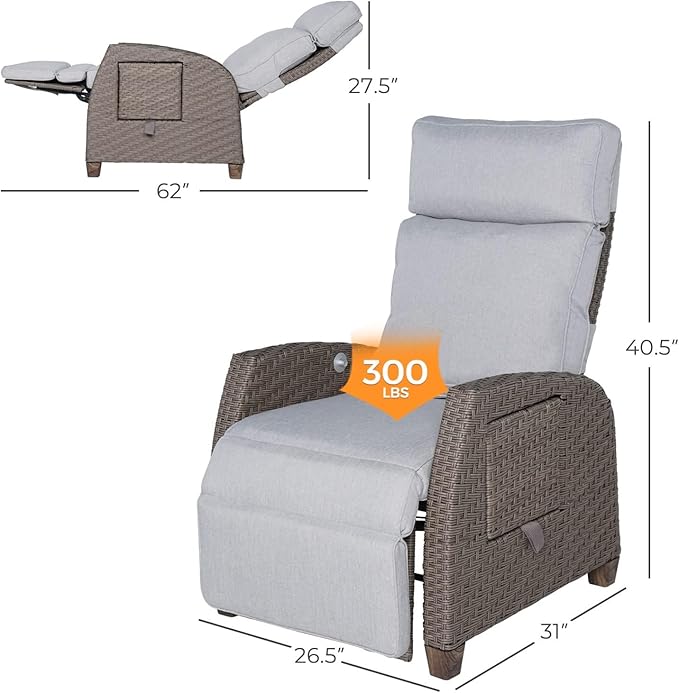 Grand patio Indoor & Outdoor Recliner Chair PE Wicker Patio Recliner with Flip Table Reclining Lounge Chair, Mist Grey