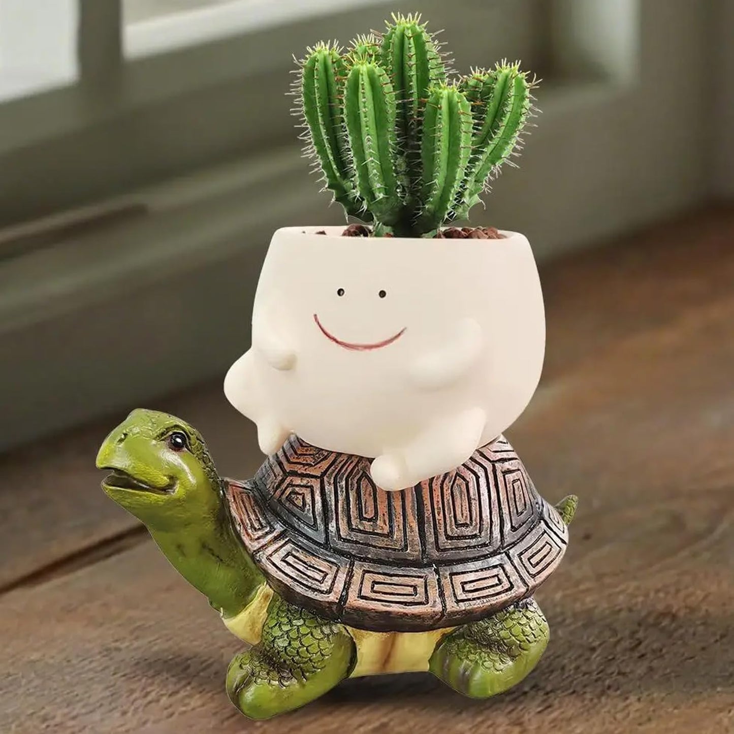 LZEXIN Smiley Face Planter Pot, Cute Plant Pots for Indoor Outdoor, Resin Smile Face Flower Cute Planter with Drainage Hole, Creative Flower Pot Succulent Planters(Riding The Turtle Model)