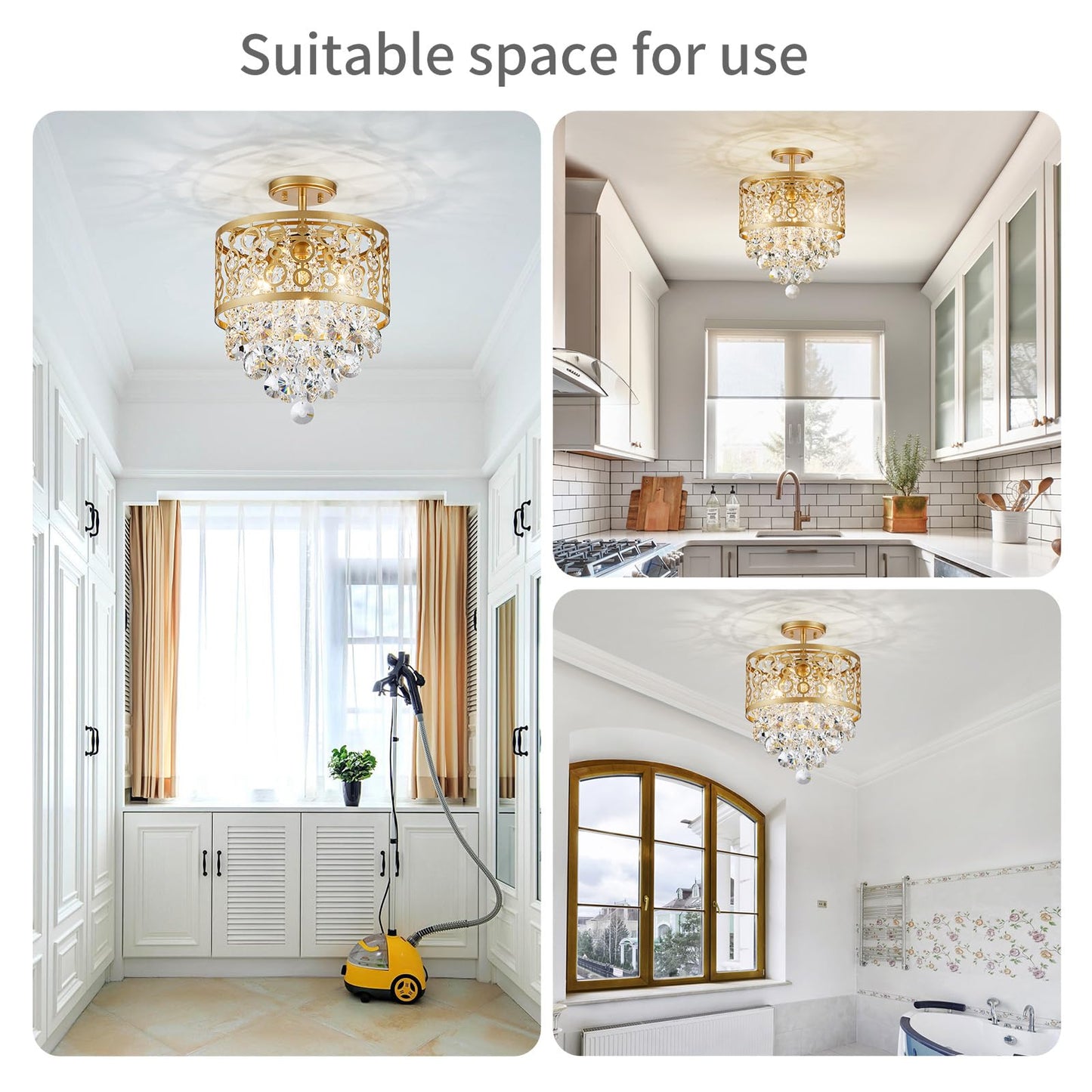 WUZUPS Crystal Drum Chandelier Flushmount Ceiling Light Modern Lighting Fixture for Entry Hallway Kitchen Bathroom Bedroom, H 16.3'' x W 13'', E12 Base, Gold