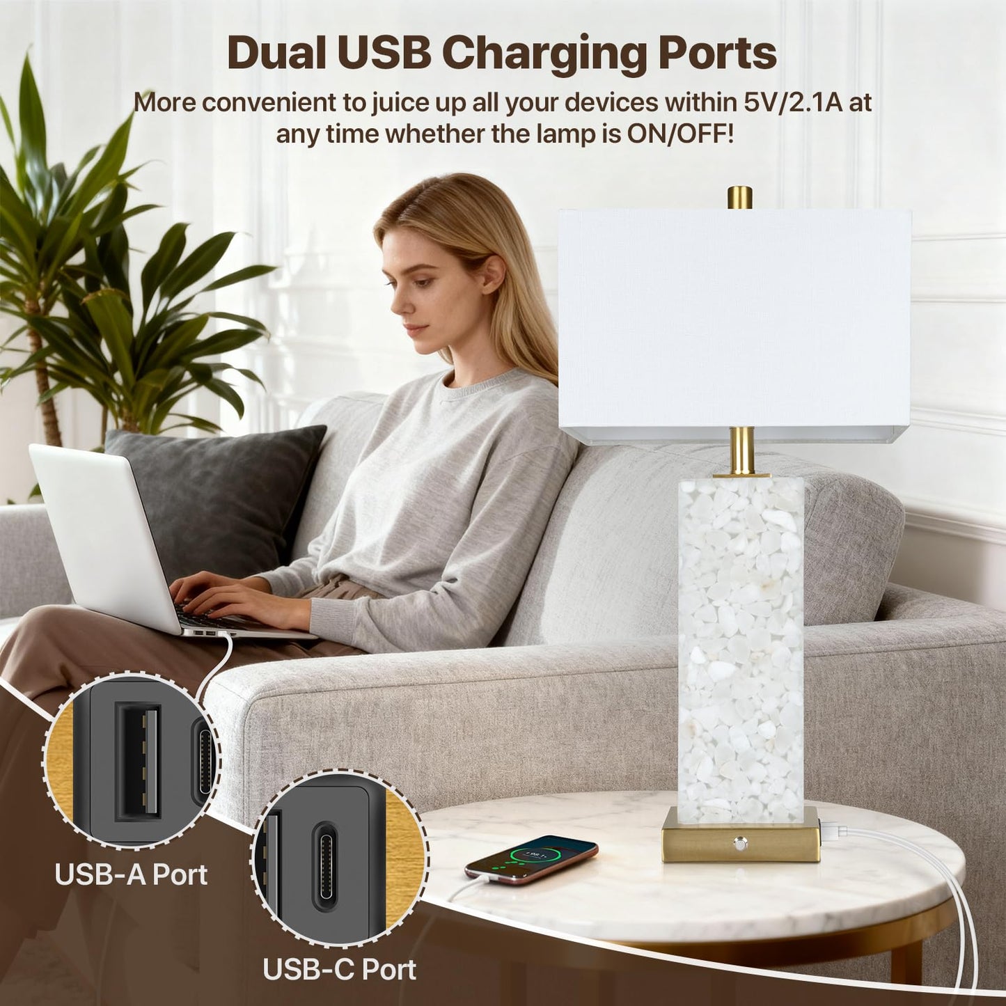 2-Pack 25.6" Alabaster Lamps, Marble Lamp Nightstand Lamps Set of 2, 3-Color Temperatures Bedside Lamps with Nightlight, Modern Table Lamp with USB Ports for Living Room Bedroom Hotel, Bulbs Included
