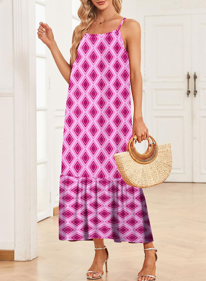 Dokotoo Women Summer Dresses 2025 Spaghetti Strap Scoop Neck Smocked Ruffle Flowy Boho Maxi Dress