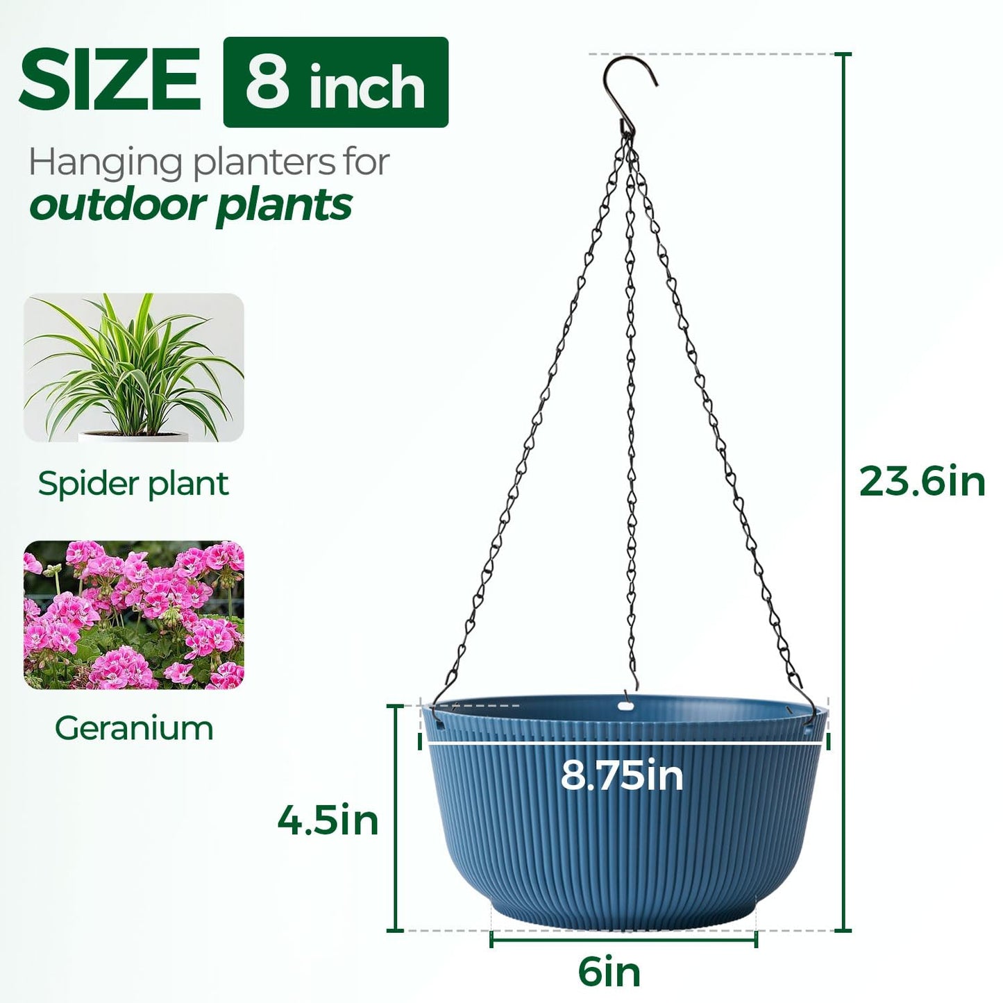 T4U 8 Inch Hanging Planters for Indoor Outdoor Plants, Self Watering Hanging Pot Pack of 2, Hanging Pots with Drainage Hole & Plug & Chain with 3 Hooks for Garden Home Decor, Blue